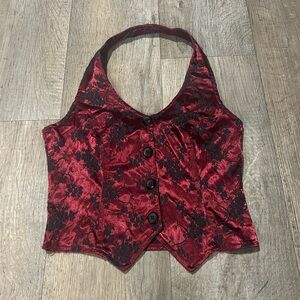 Wet Seal red and black floral corset halter neck top